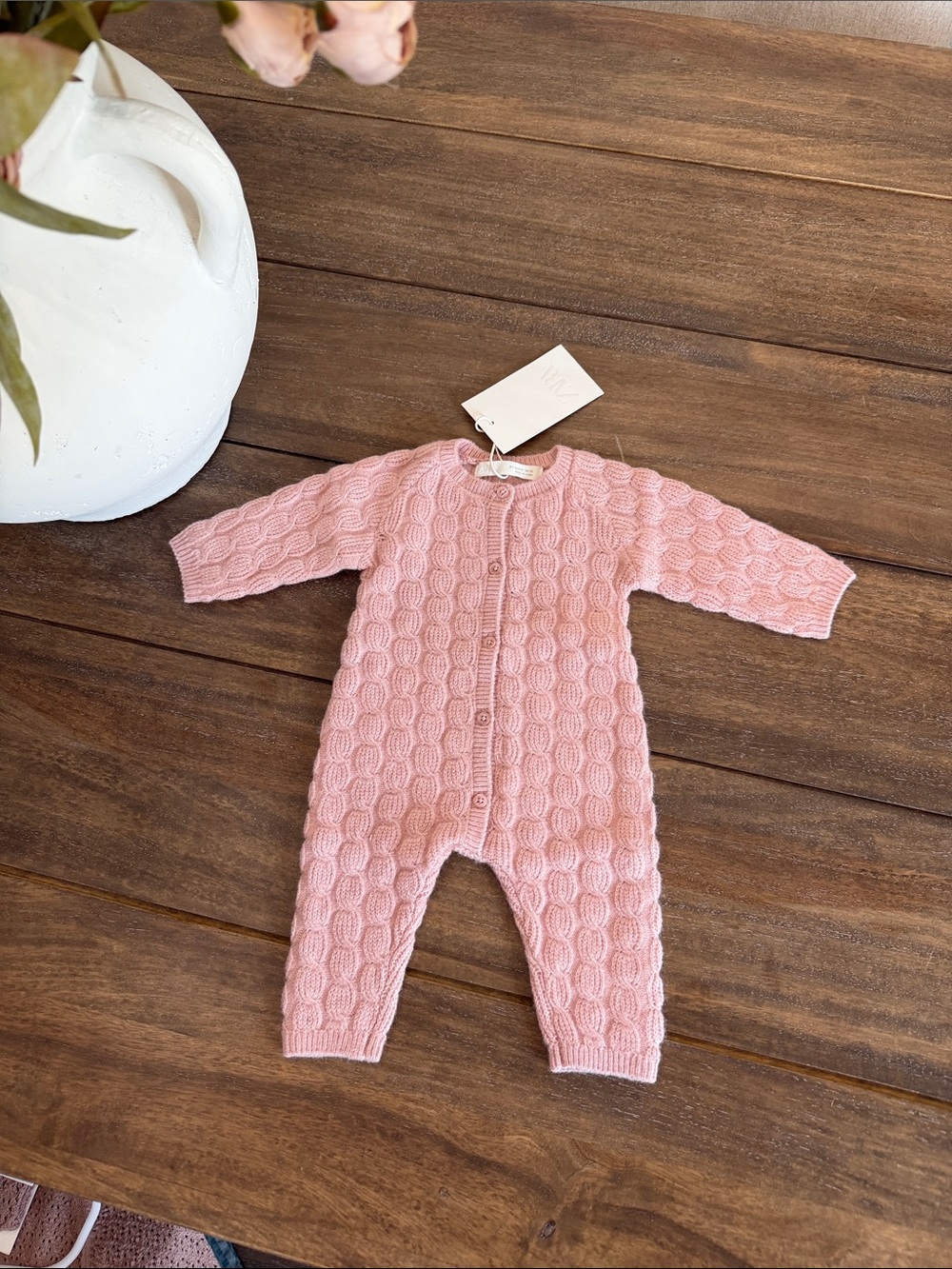 Zara Pink Cable Knit Baby Footie One-Piece